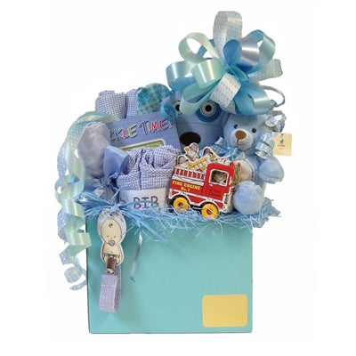 Baby boy gift basket with everything to welcome a new baby into the world!