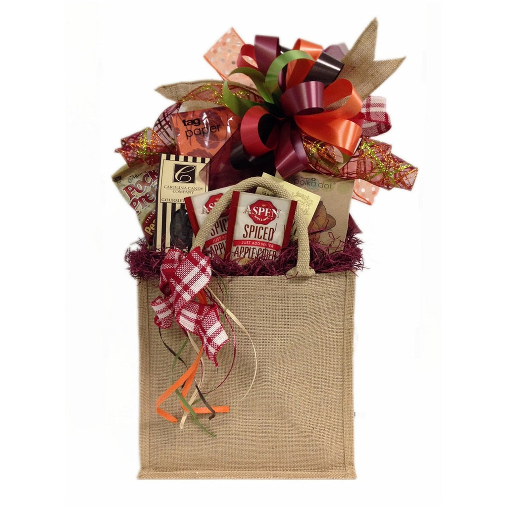 Seasonal, fall gift basket full of gourmet treats.